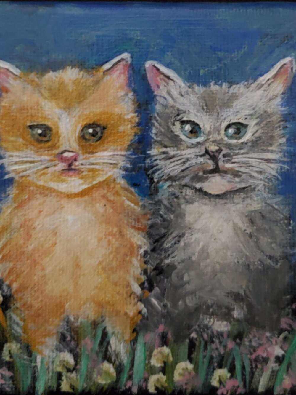 KITTEN PAINTING Cute Gift MINI Canvas 4" X 4" FLOWERS GREEN EYE CATS